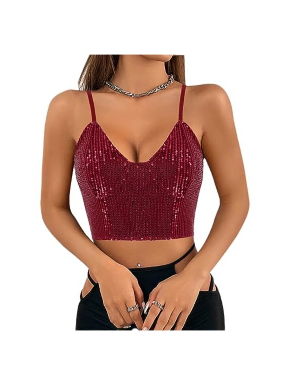 Sequin Sparkle V Neck Crop Tank Top Sleeveless Cami with Adjustable Straps